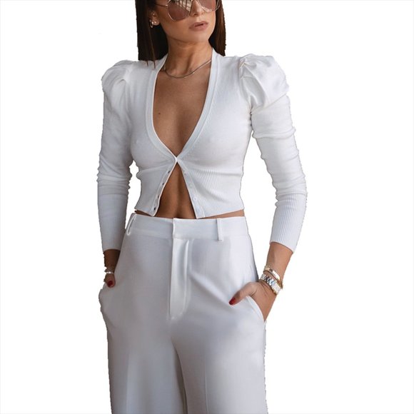 Danielle Bernstein Cardigan Plus Size Womens Puff Sleeve V-Neck Sweater 3X White - Picture 1 of 8